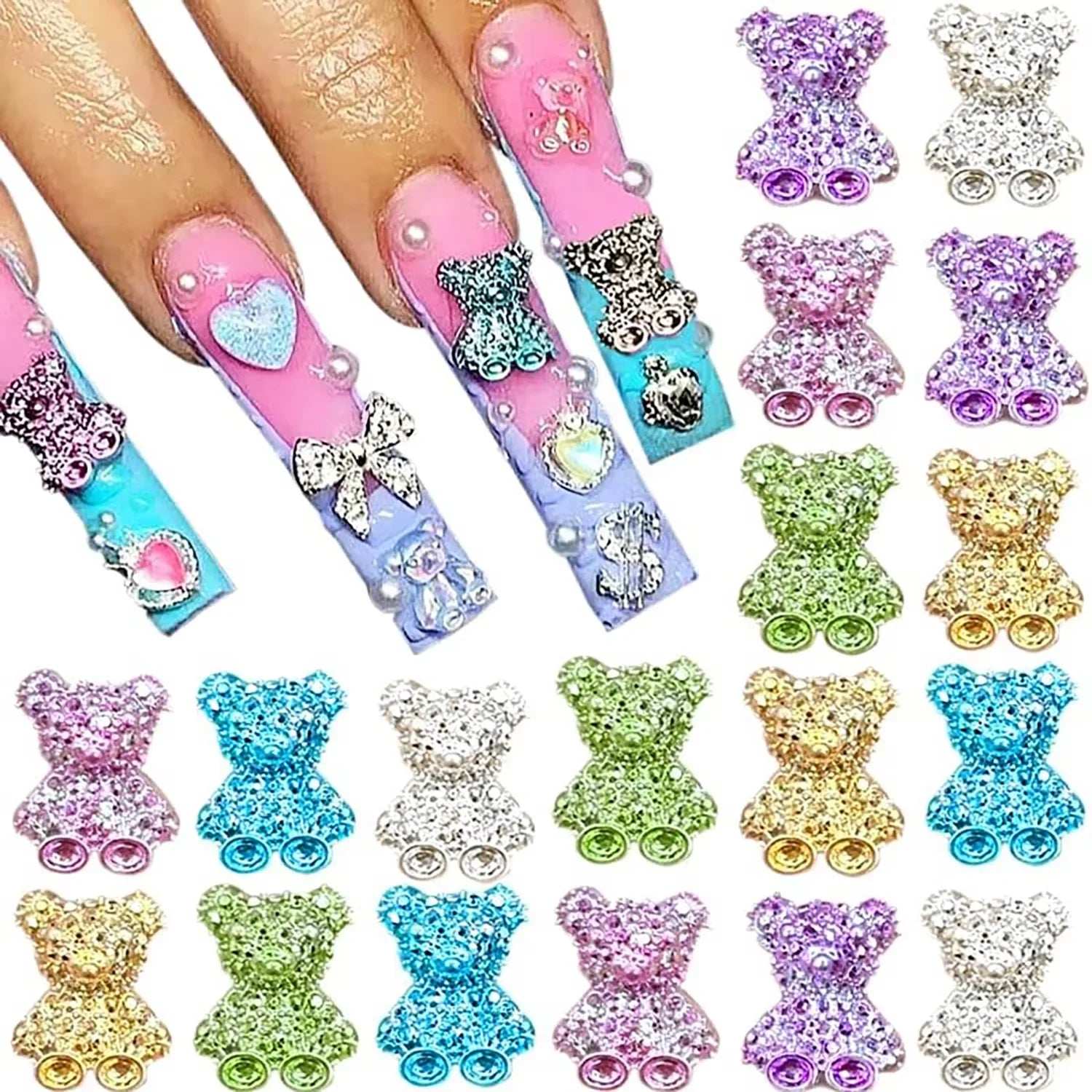 60PCS color 3D bear diamond nail cartoon accessories, suitable for DIY nail art, phone cases, water bottles, handicrafts, photos
