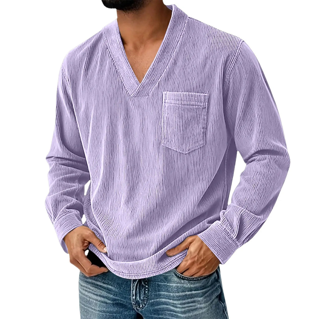Mens Solid Color Corduroy Long Sleeve Shirt V Neck Casual Loose T Shirt Tops
