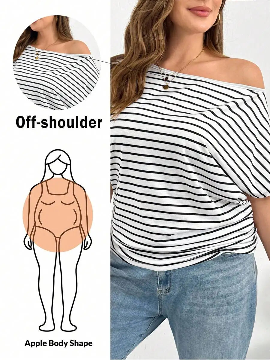 Off Shoulder Striped Short Sleeve T-Shirt Women Casual Loose Comfortable Summer Top