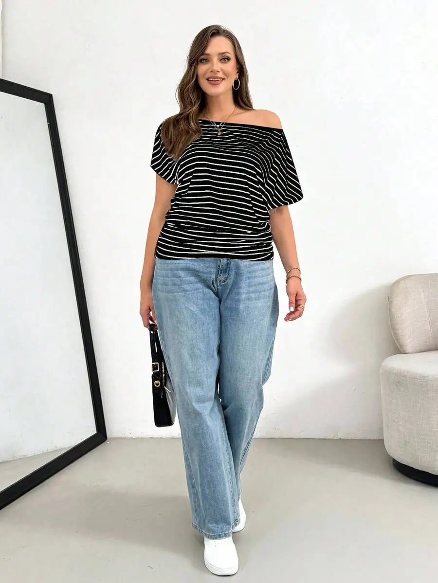 Off Shoulder Striped Short Sleeve T-Shirt Women Casual Loose Comfortable Summer Top