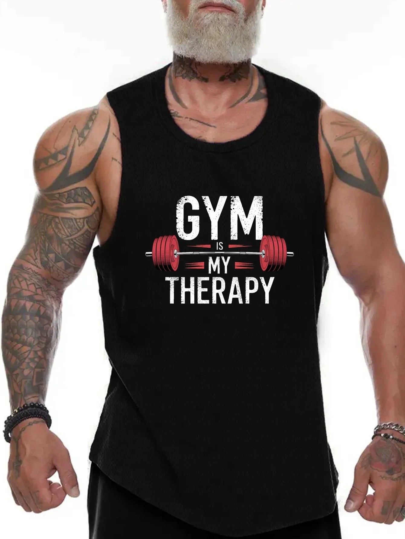 The gym is my relaxation zone. The picture of barbells and dumbbells, a large-sized men's vest - summer fitness wear.