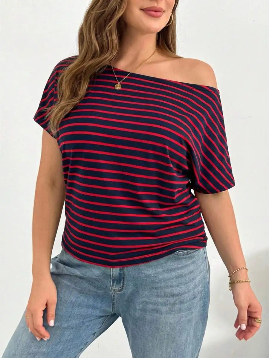 Off Shoulder Striped Short Sleeve T-Shirt Women Casual Loose Comfortable Summer Top
