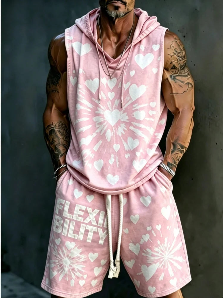 Men's 2-Piece Loose Pink Heart Sleeveless Hoodie & Shorts, "Flexibility" Print Comfort Streetwear