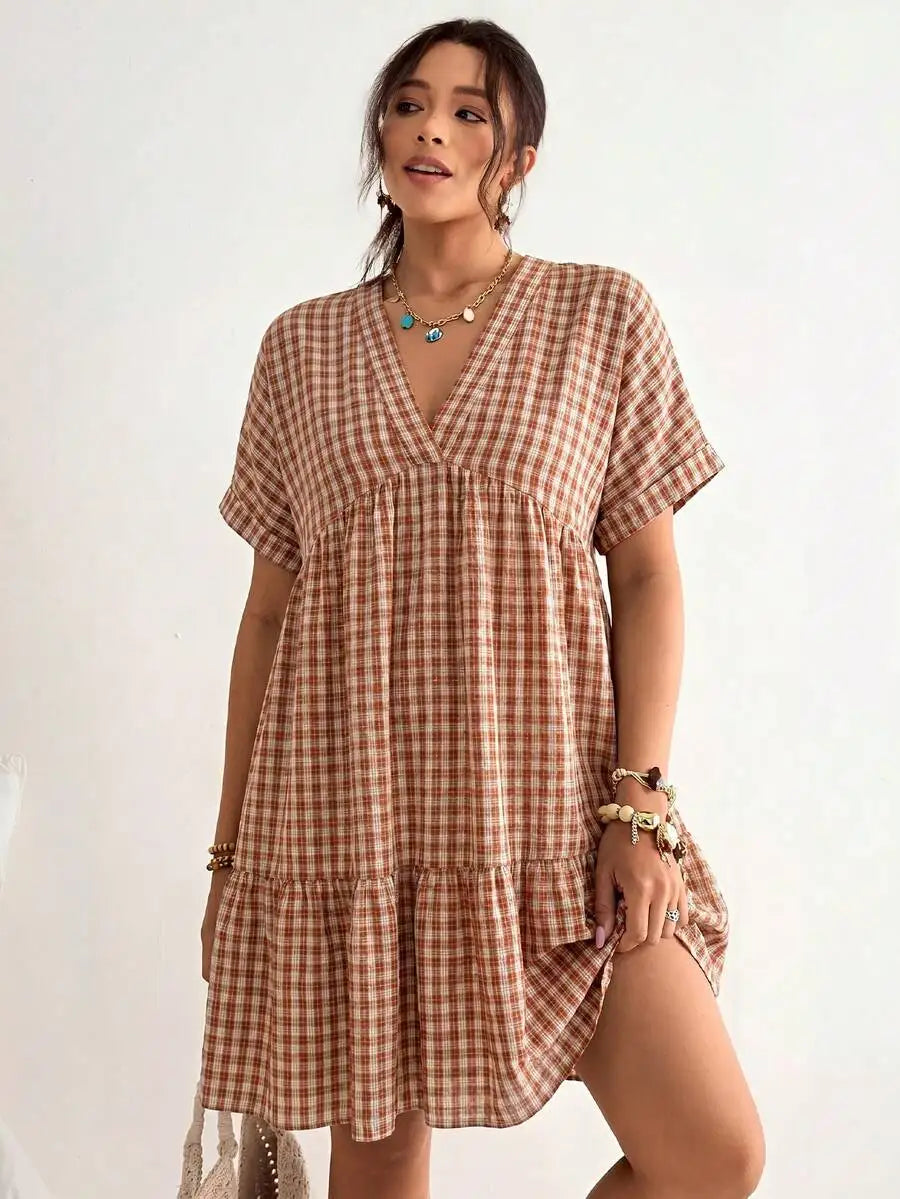 Plaid Batwing Sleeve Ruffle Hem Loose Dress Beach Vacation Bohemian Summer Dress