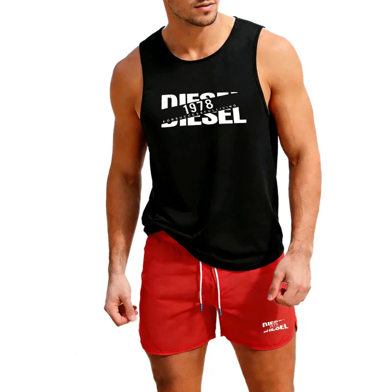 Summer Casual Trendy Tank Set Outdoor Jogging Basketball Training Sportswear European Size Vest+Beach Shorts Men's 2-piece