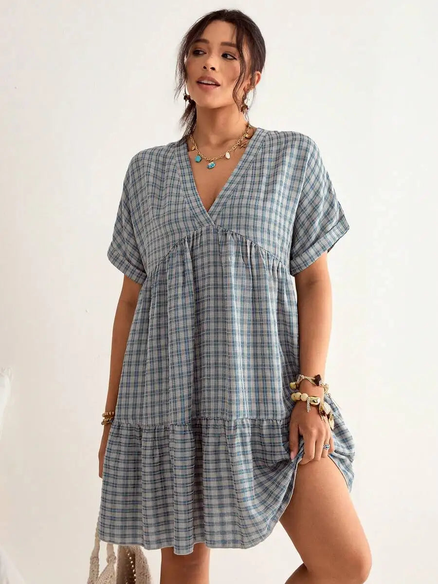Plaid Batwing Sleeve Ruffle Hem Loose Dress Beach Vacation Bohemian Summer Dress
