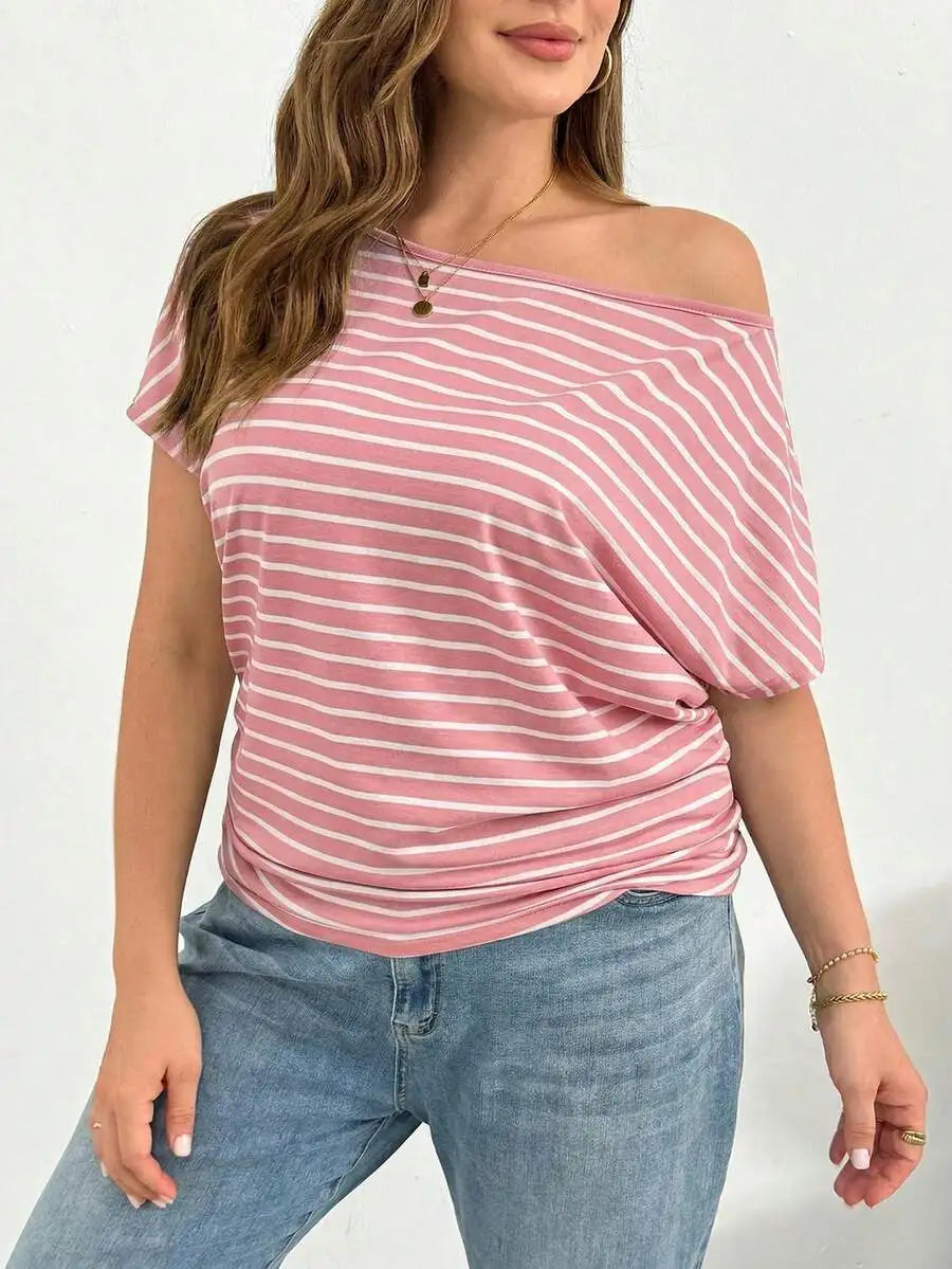 Off Shoulder Striped Short Sleeve T-Shirt Women Casual Loose Comfortable Summer Top