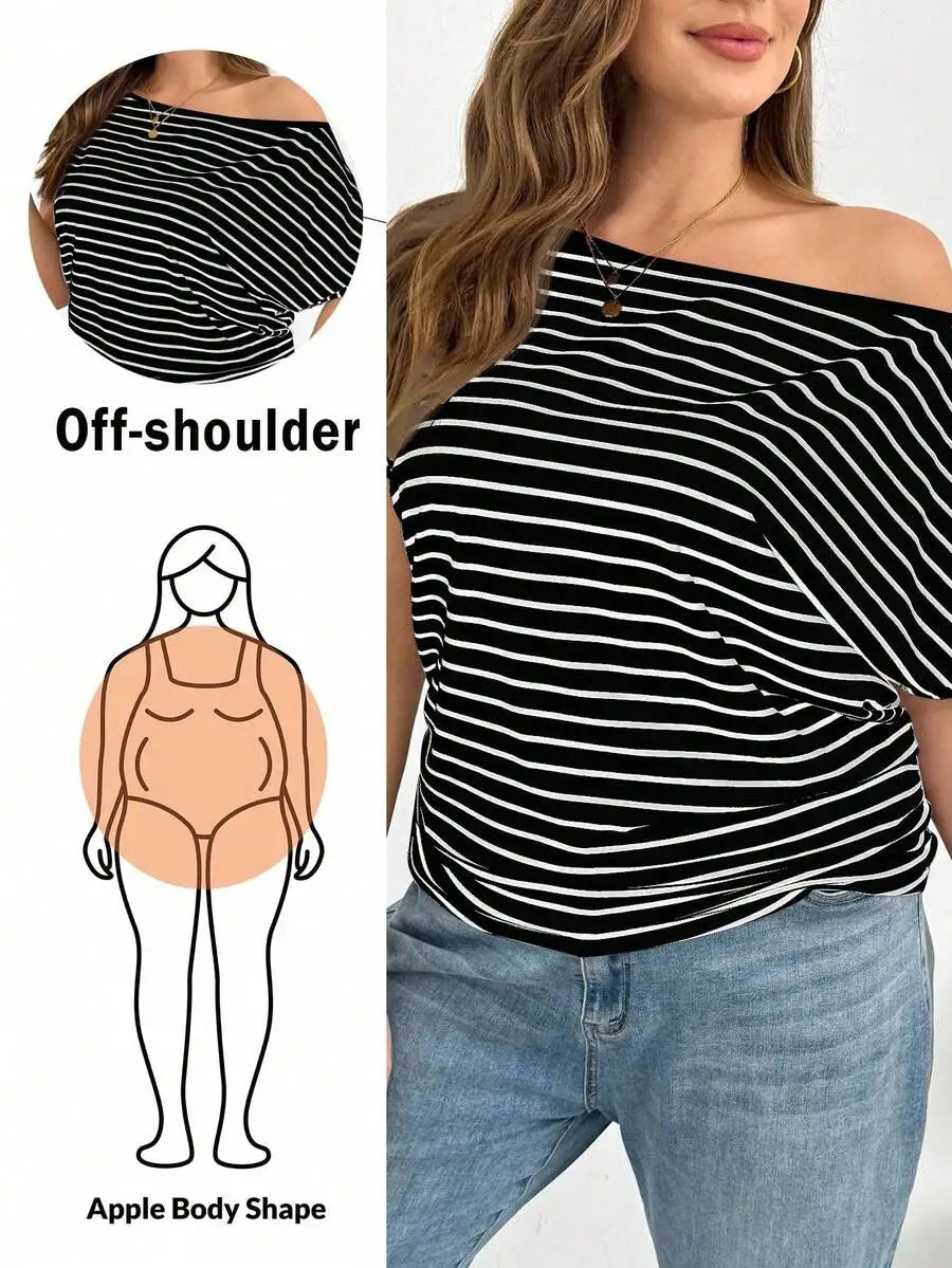Off Shoulder Striped Short Sleeve T-Shirt Women Casual Loose Comfortable Summer Top