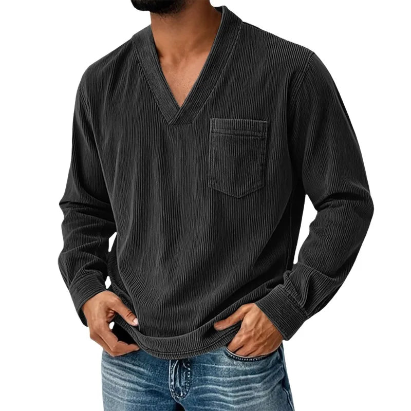 Mens Solid Color Corduroy Long Sleeve Shirt V Neck Casual Loose T Shirt Tops