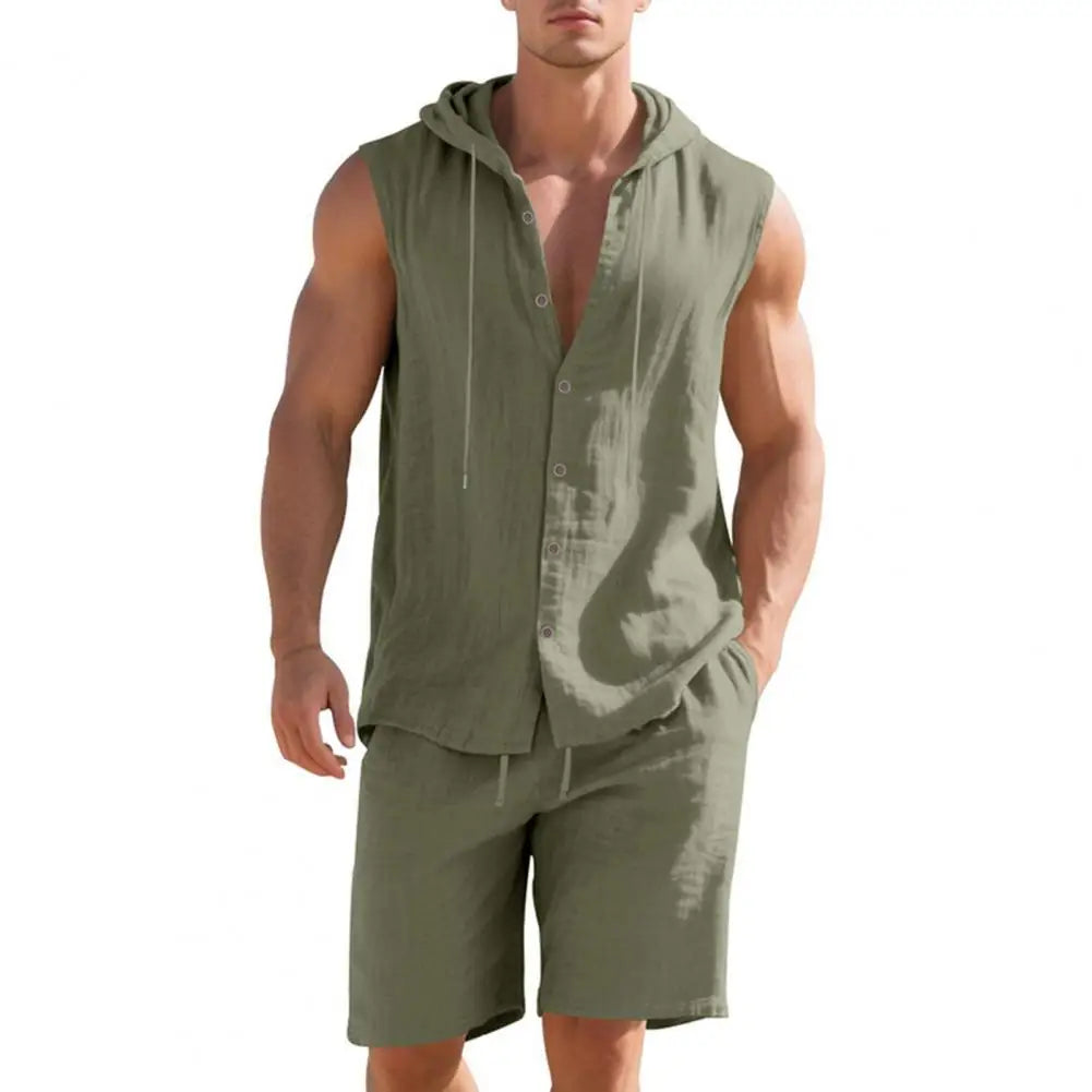 Men Shirt Shorts Two-piece Suit Hooded Sleeveless Shirt Adjustable Elastic Shorts Set Hiking Workout Summer Casual Outfit