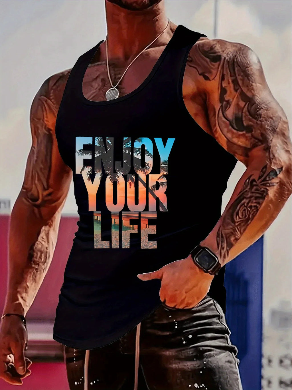 Fashionable trend muscular man. Simple and creative. Enjoy your life. Colorful printed tank top.