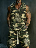 Men's Camouflage Sleeveless Hooded Tank & Shorts Set, Loose Comfort Casual Streetwear