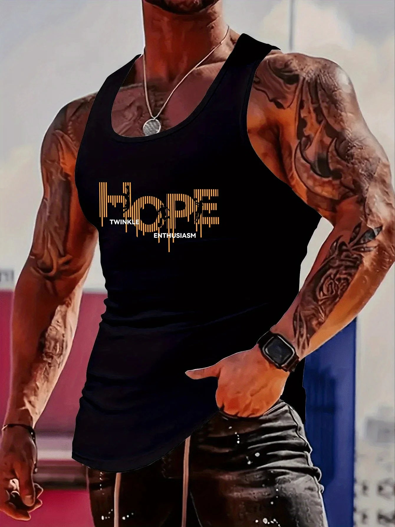 Fashionable trend muscular man, simple and creative HOPE music melody, printed t-shirt