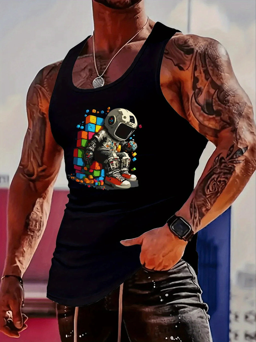 Men's Astronaut Print Tank Top - Fashionable Streetwear Sleeveless Shirt