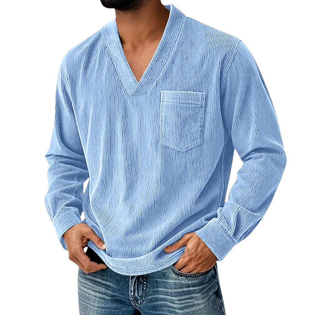 Mens Solid Color Corduroy Long Sleeve Shirt V Neck Casual Loose T Shirt Tops