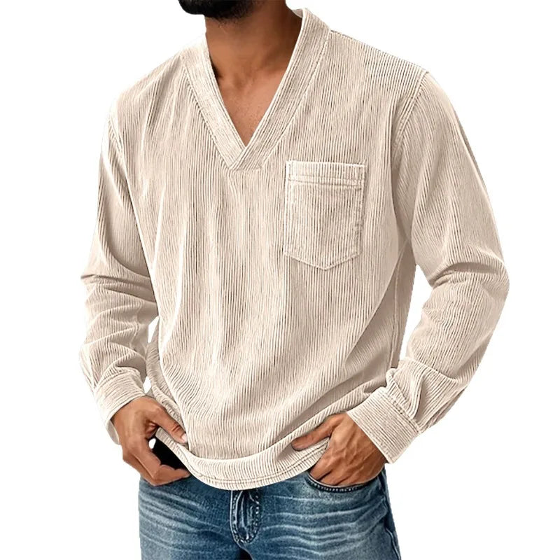 Mens Solid Color Corduroy Long Sleeve Shirt V Neck Casual Loose T Shirt Tops