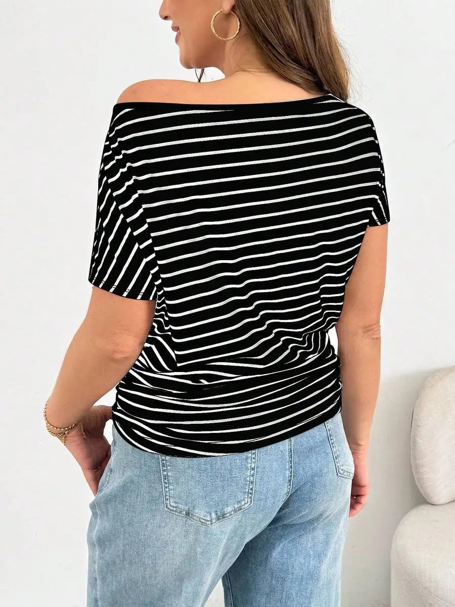 Off Shoulder Striped Short Sleeve T-Shirt Women Casual Loose Comfortable Summer Top