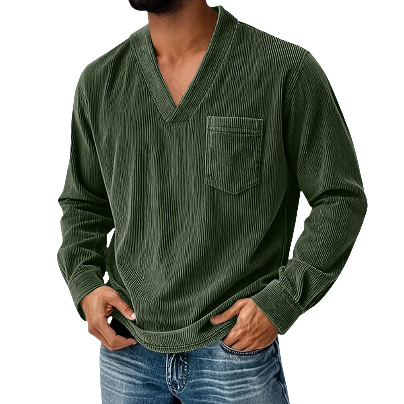Mens Solid Color Corduroy Long Sleeve Shirt V Neck Casual Loose T Shirt Tops