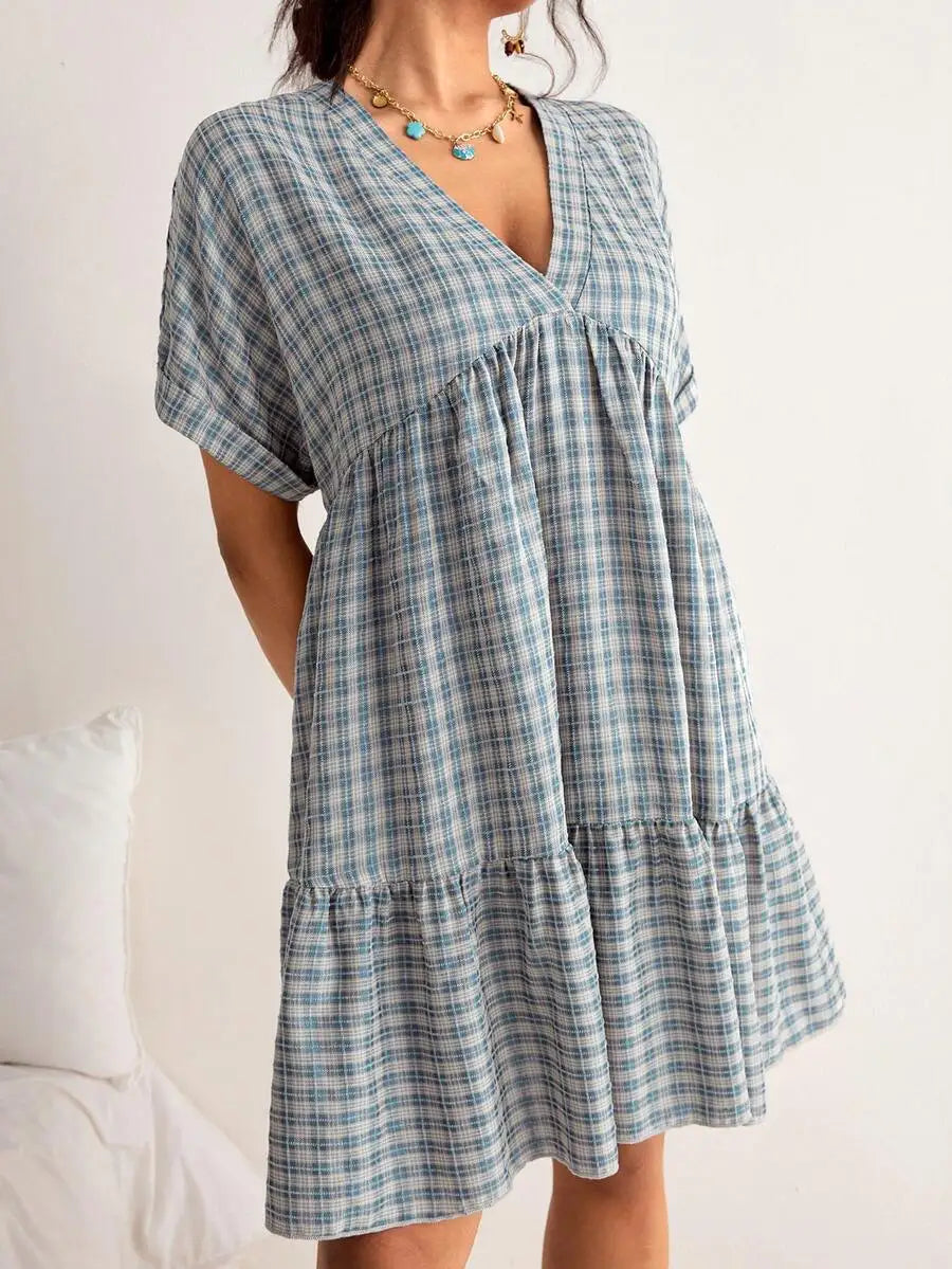 Plaid Batwing Sleeve Ruffle Hem Loose Dress Beach Vacation Bohemian Summer Dress