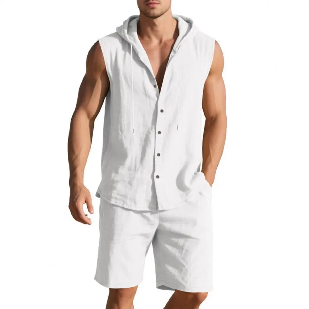 Men Shirt Shorts Two-piece Suit Hooded Sleeveless Shirt Adjustable Elastic Shorts Set Hiking Workout Summer Casual Outfit