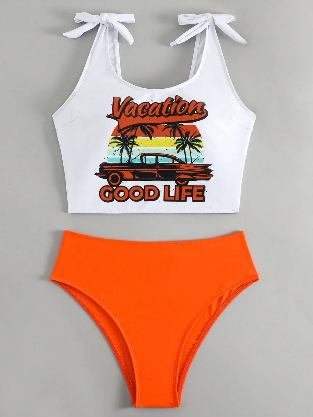 Women Vacation Good Life Graphic Tie Shoulder Tankini Set