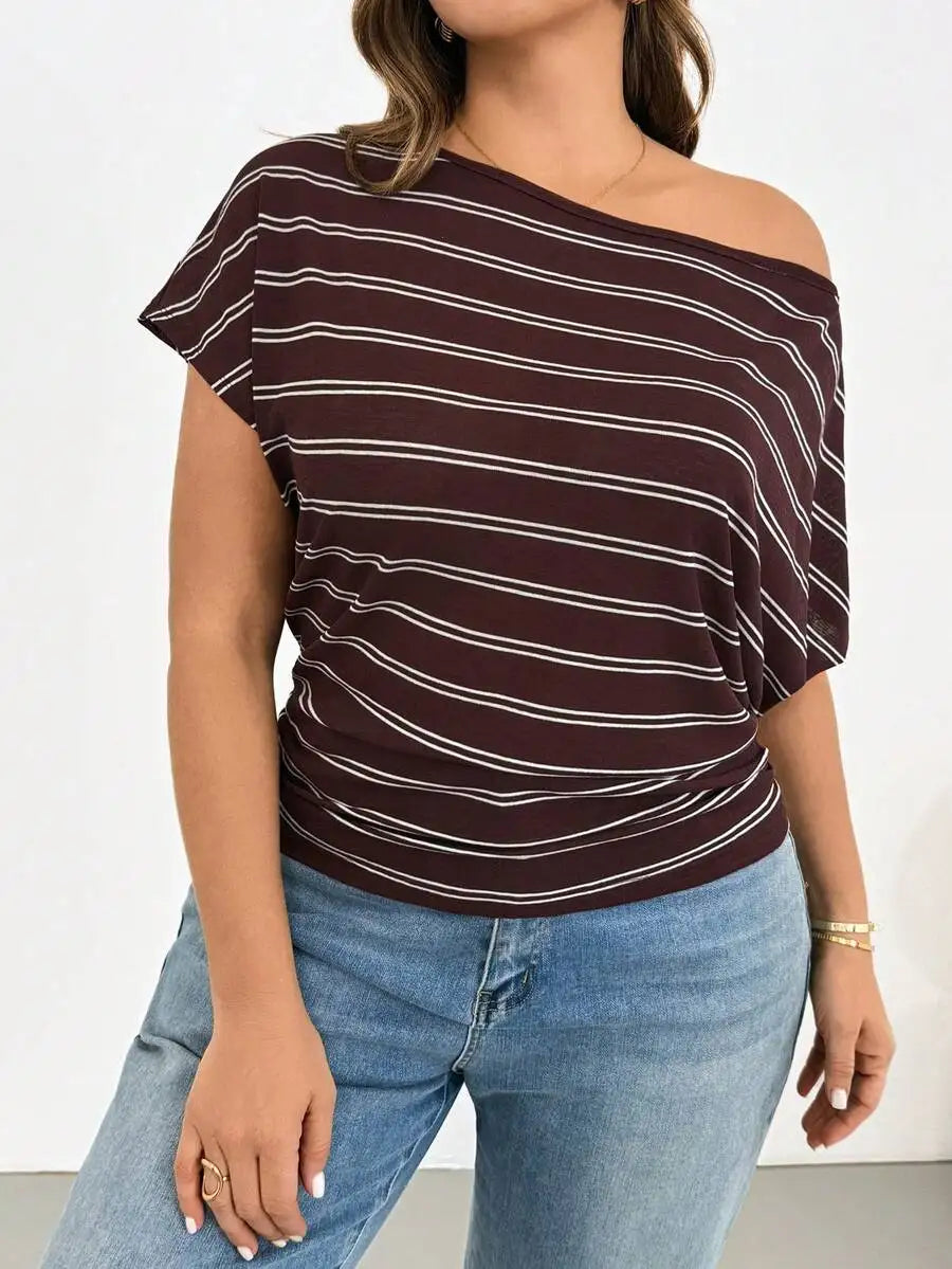 Off Shoulder Striped Short Sleeve T-Shirt Women Casual Loose Comfortable Summer Top