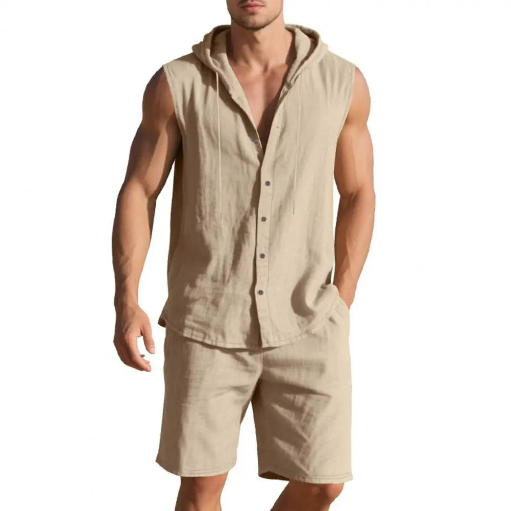 Men Shirt Shorts Two-piece Suit Hooded Sleeveless Shirt Adjustable Elastic Shorts Set Hiking Workout Summer Casual Outfit