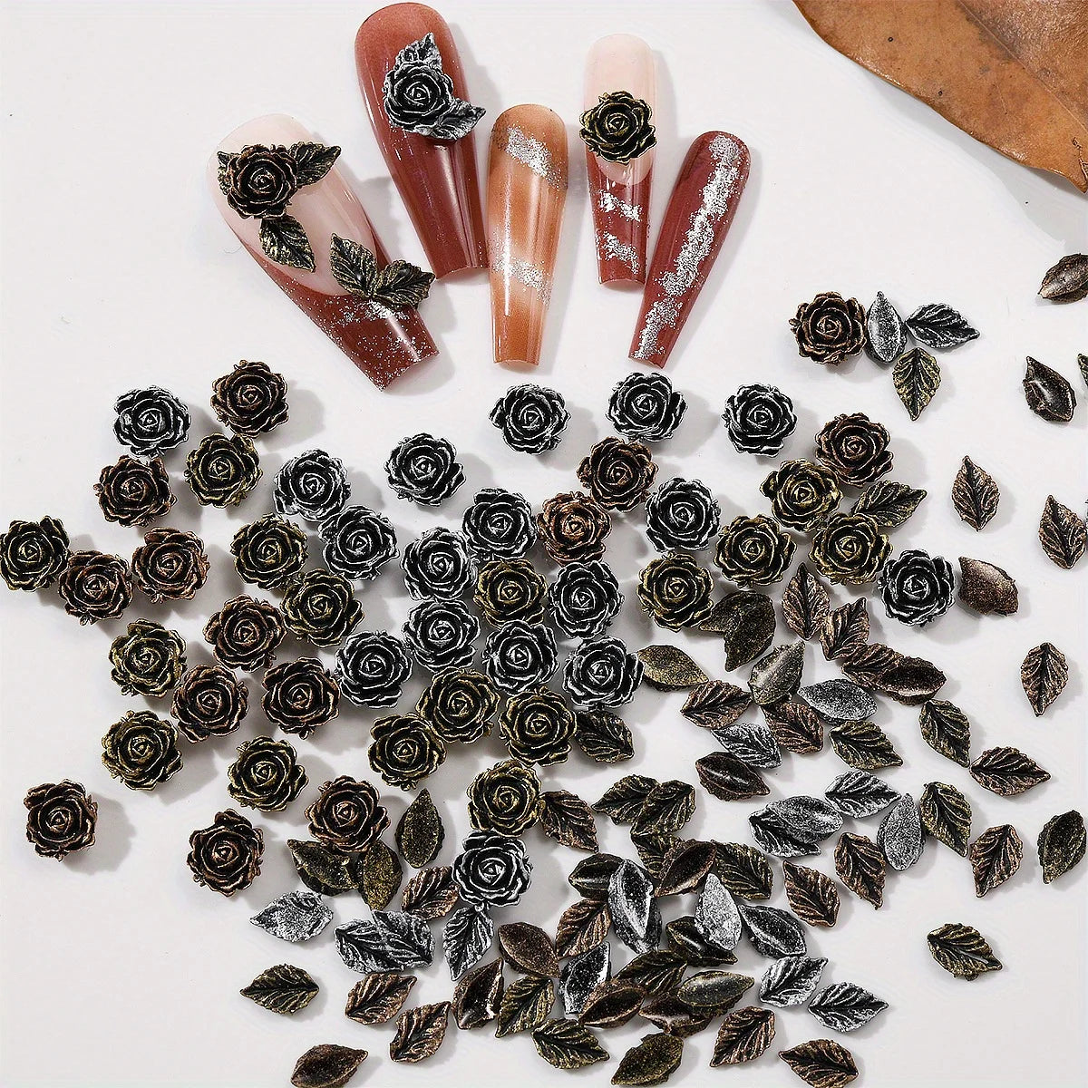 50pcs Resin Black Flower Leaves Rose Nail Art Accessories Vintage Nail Decoration Phone Case Hairpin Diy Accessory Decoration