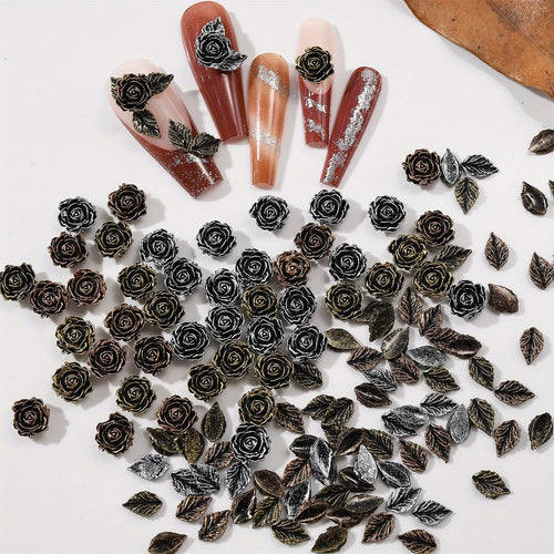 50pcs Resin Black Flower Leaves Rose Nail Art Accessories Vintage Nail Decoration Phone Case Hairpin Diy Accessory Decoration