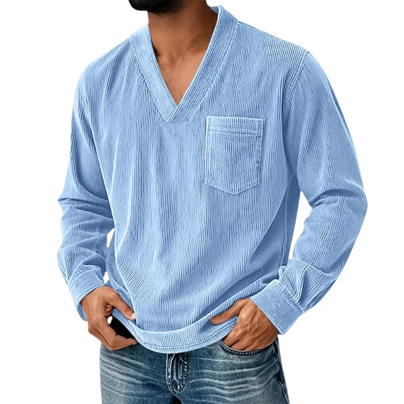 Mens Solid Color Corduroy Long Sleeve Shirt V Neck Casual Loose T Shirt Tops
