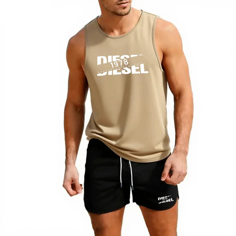 Summer Casual Trendy Tank Set Outdoor Jogging Basketball Training Sportswear European Size Vest+Beach Shorts Men's 2-piece