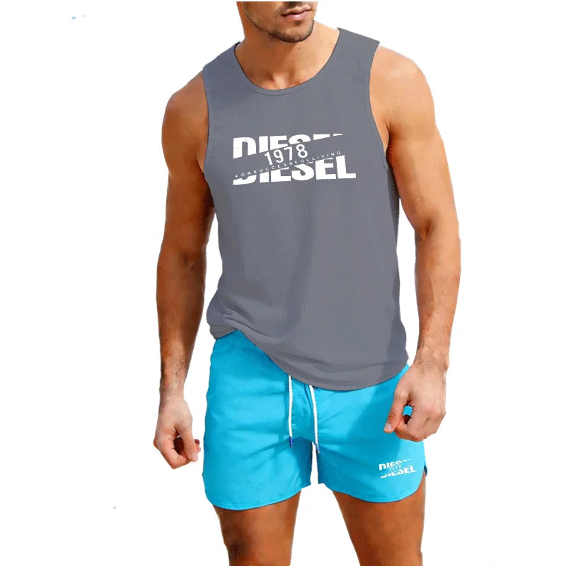 Summer Casual Trendy Tank Set Outdoor Jogging Basketball Training Sportswear European Size Vest+Beach Shorts Men's 2-piece
