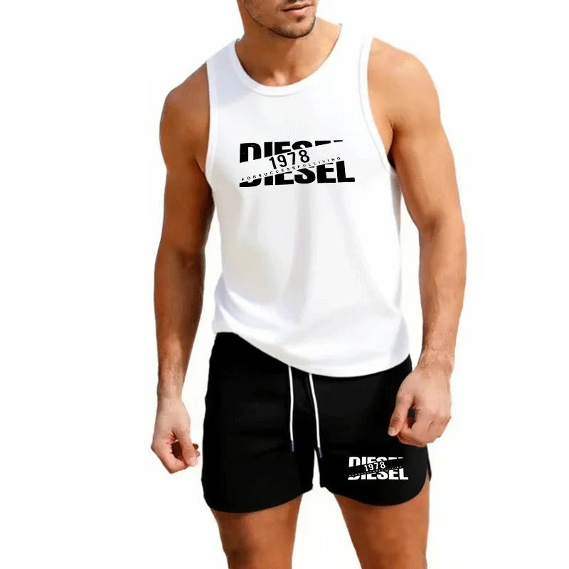Summer Casual Trendy Tank Set Outdoor Jogging Basketball Training Sportswear European Size Vest+Beach Shorts Men's 2-piece