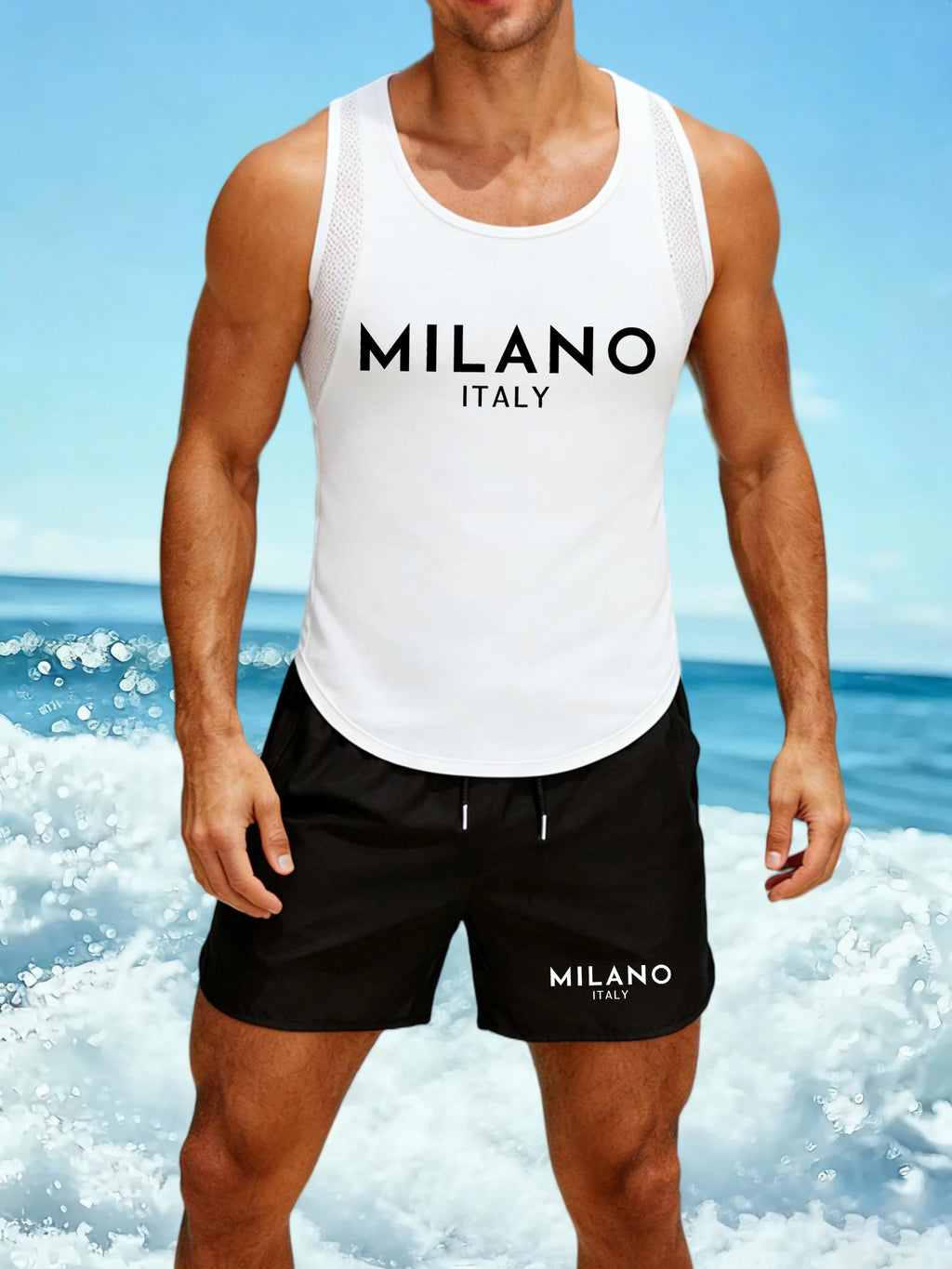Milan Italy Is The Fashion Capital Men Reticular Vest Suit Summer Fashion Shorts O-Neck Sport Vests Unisex Vacation Clothing