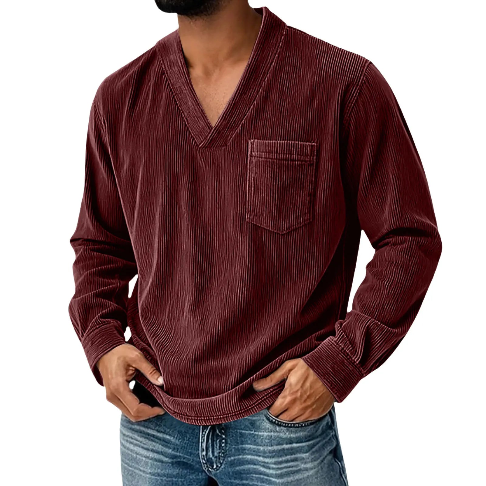 Mens Solid Color Corduroy Long Sleeve Shirt V Neck Casual Loose T Shirt Tops