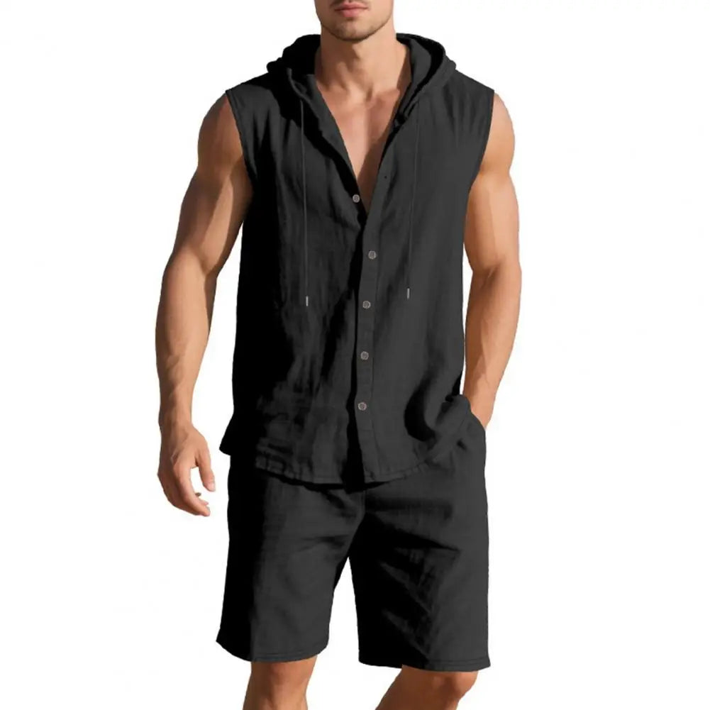 Men Shirt Shorts Two-piece Suit Hooded Sleeveless Shirt Adjustable Elastic Shorts Set Hiking Workout Summer Casual Outfit