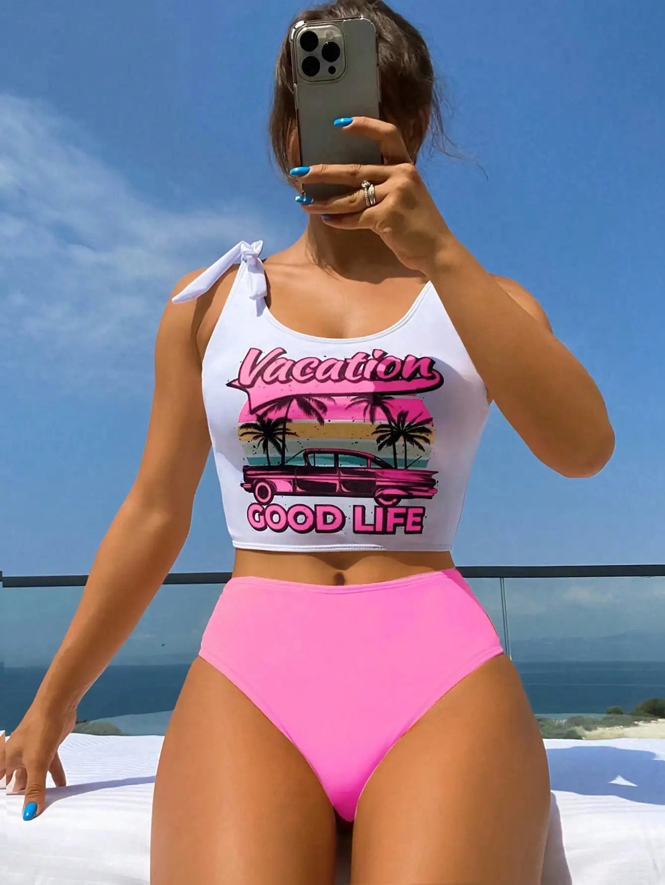 Women Vacation Good Life Graphic Tie Shoulder Tankini Set
