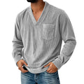Mens Solid Color Corduroy Long Sleeve Shirt V Neck Casual Loose T Shirt Tops