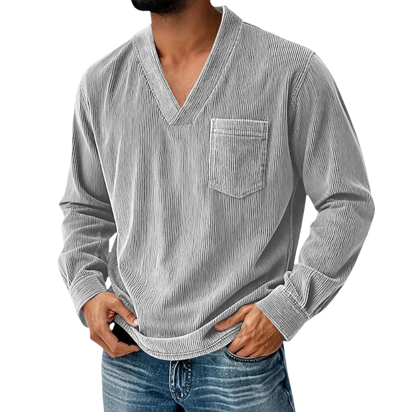 Mens Solid Color Corduroy Long Sleeve Shirt V Neck Casual Loose T Shirt Tops