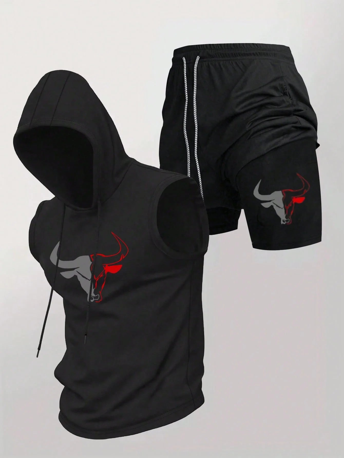 Men's 2 Piece Black Sleeveless Hooded Vest & Shorts Set, Bull Print Gym Tracksuit, Breathable Spring Summer Workout Fitness Wear