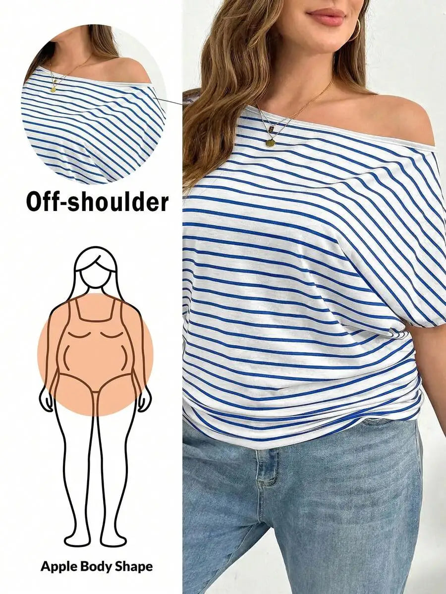 Off Shoulder Striped Short Sleeve T-Shirt Women Casual Loose Comfortable Summer Top