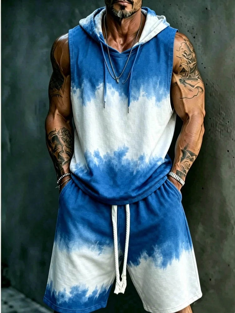 Men's Sleeveless Hooded Tank & Shorts Set, Loose Comfort Blue and White Tie-Dye Casual Streetwear