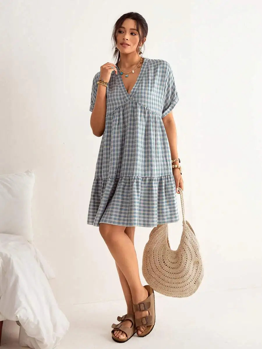 Plaid Batwing Sleeve Ruffle Hem Loose Dress Beach Vacation Bohemian Summer Dress