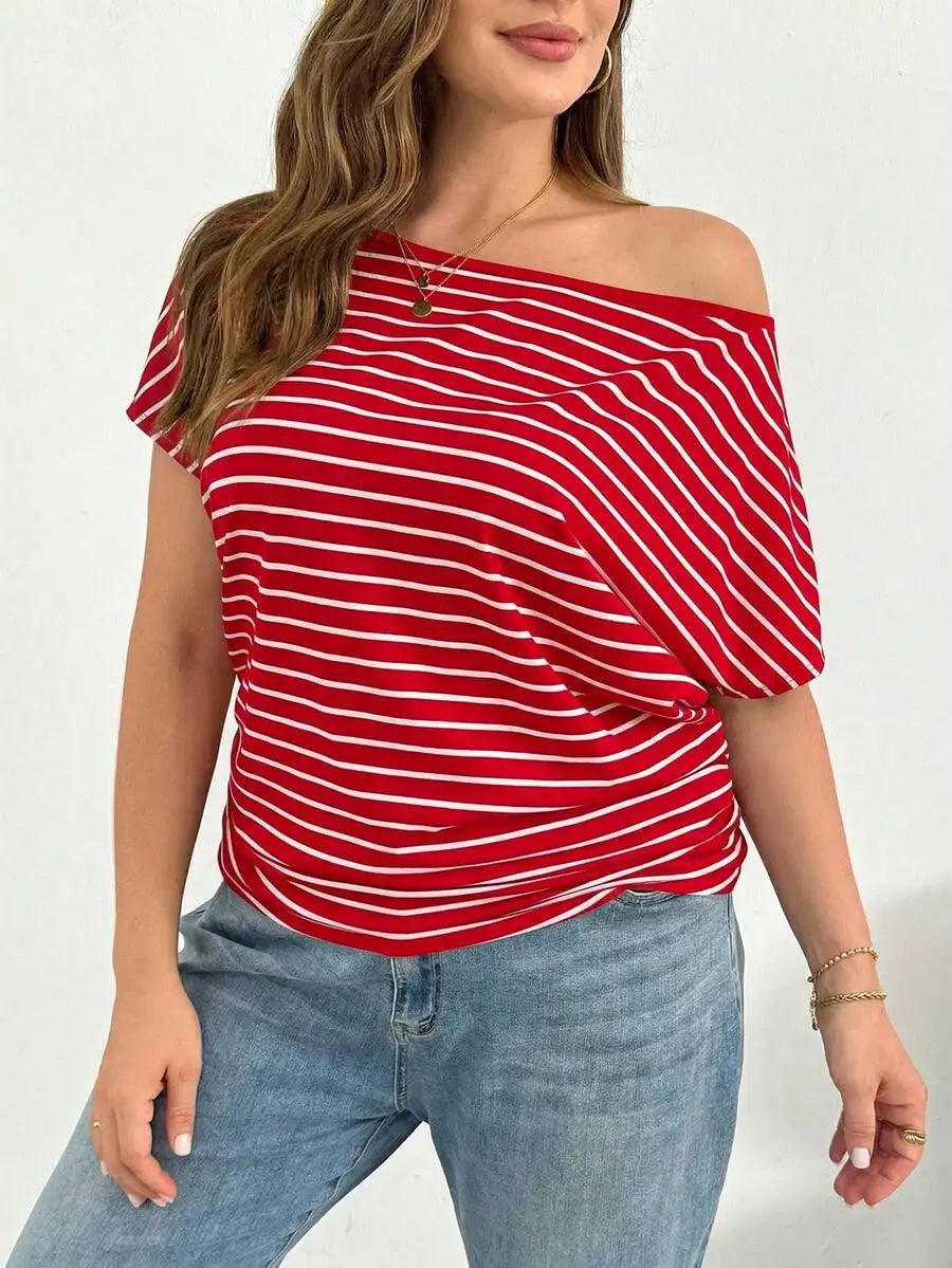 Off Shoulder Striped Short Sleeve T-Shirt Women Casual Loose Comfortable Summer Top