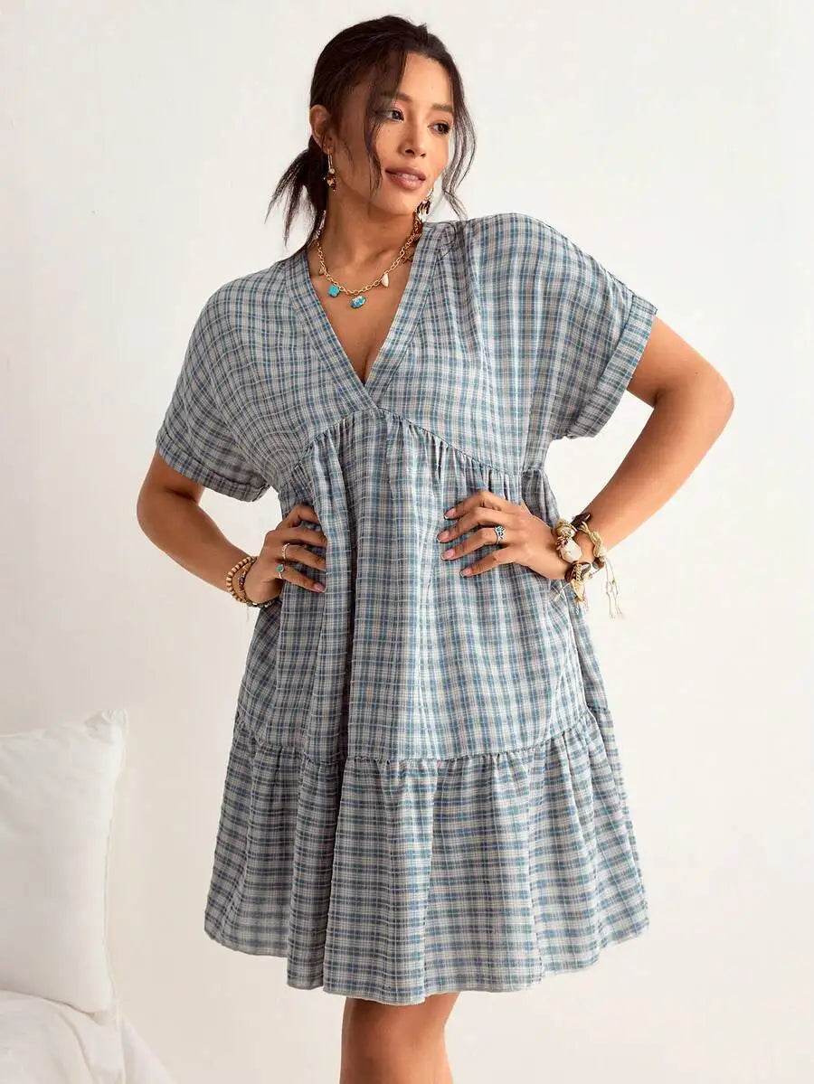 Plaid Batwing Sleeve Ruffle Hem Loose Dress Beach Vacation Bohemian Summer Dress