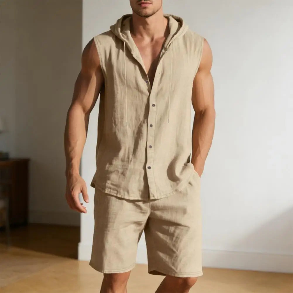 Men Shirt Shorts Two-piece Suit Hooded Sleeveless Shirt Adjustable Elastic Shorts Set Hiking Workout Summer Casual Outfit