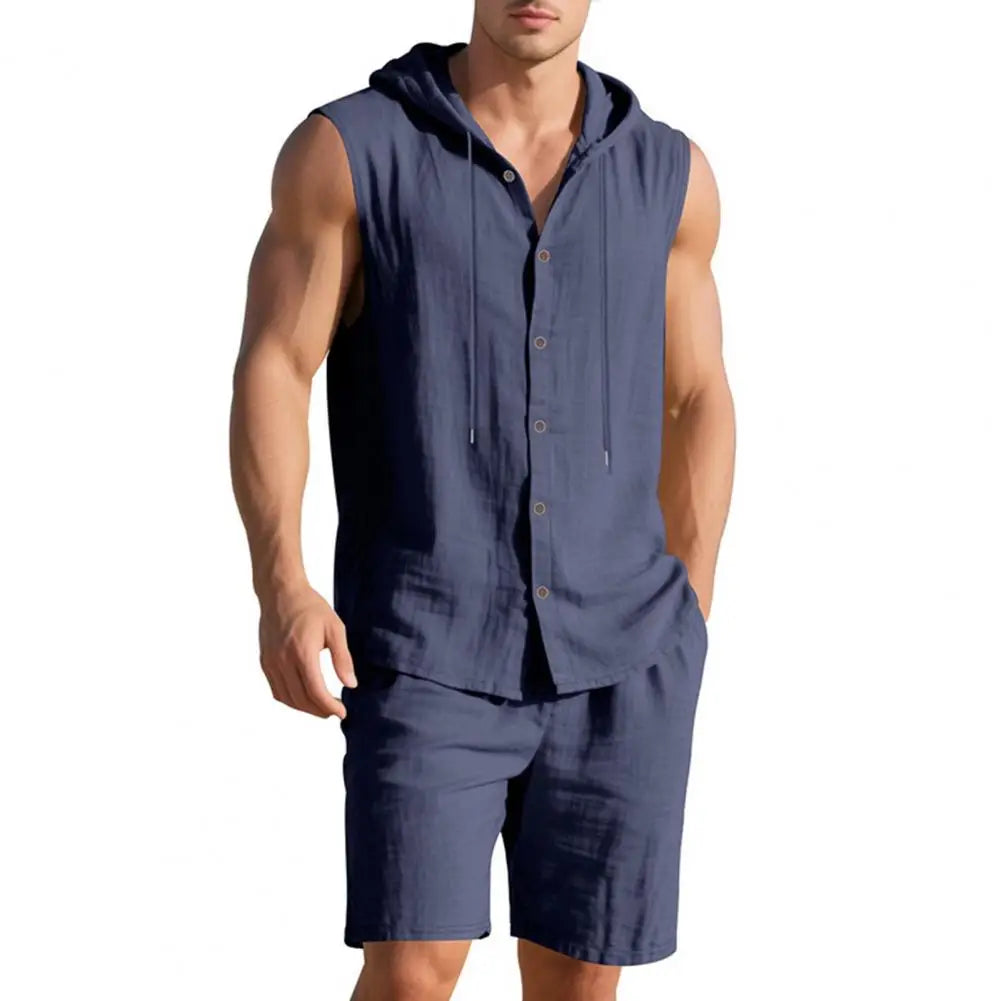 Men Shirt Shorts Two-piece Suit Hooded Sleeveless Shirt Adjustable Elastic Shorts Set Hiking Workout Summer Casual Outfit
