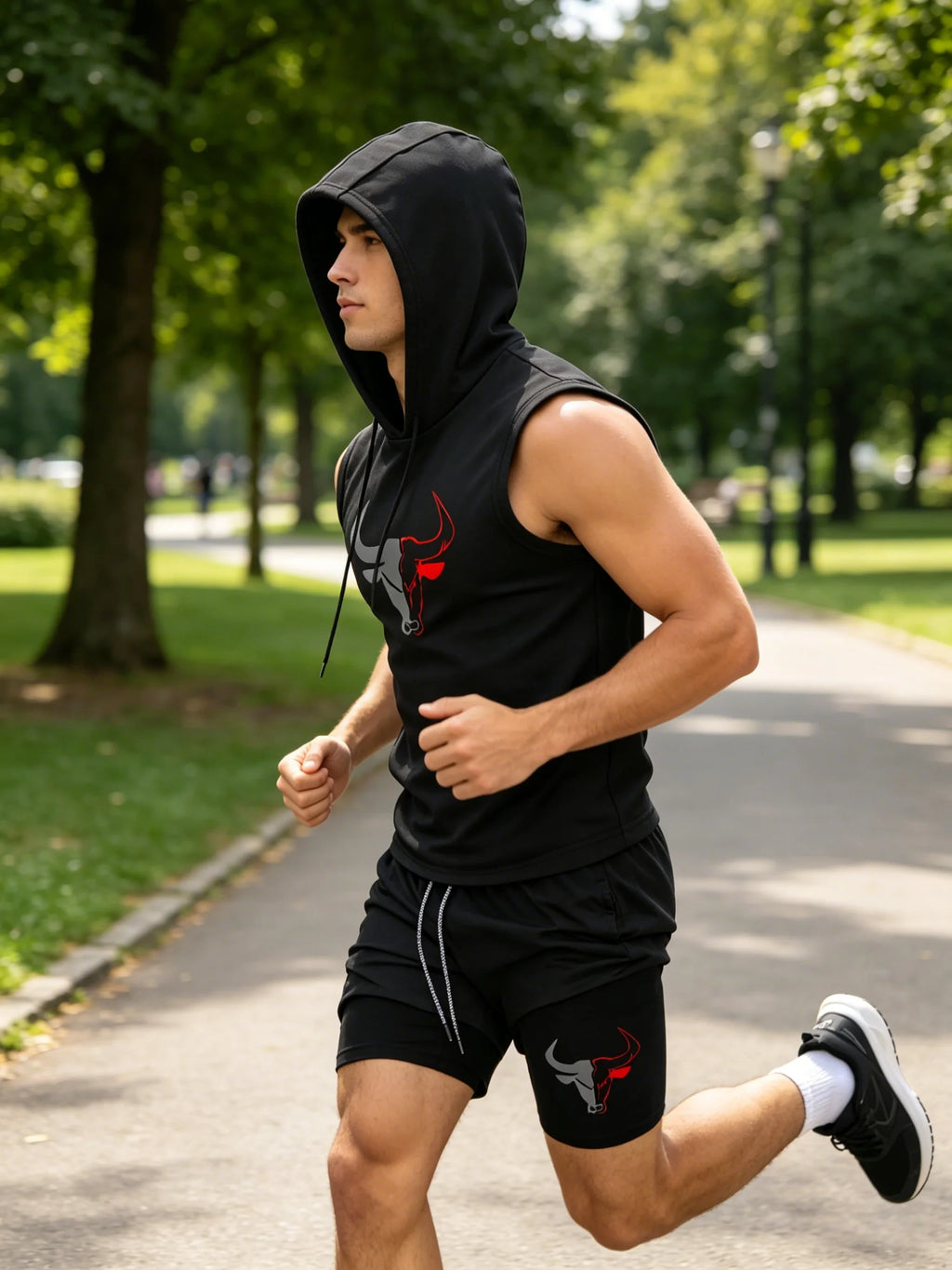 Men's 2 Piece Black Sleeveless Hooded Vest & Shorts Set, Bull Print Gym Tracksuit, Breathable Spring Summer Workout Fitness Wear