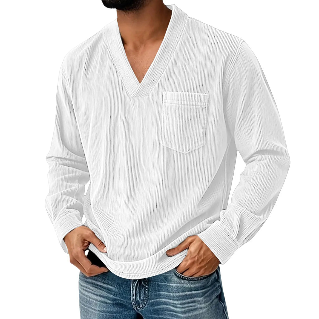 Mens Solid Color Corduroy Long Sleeve Shirt V Neck Casual Loose T Shirt Tops