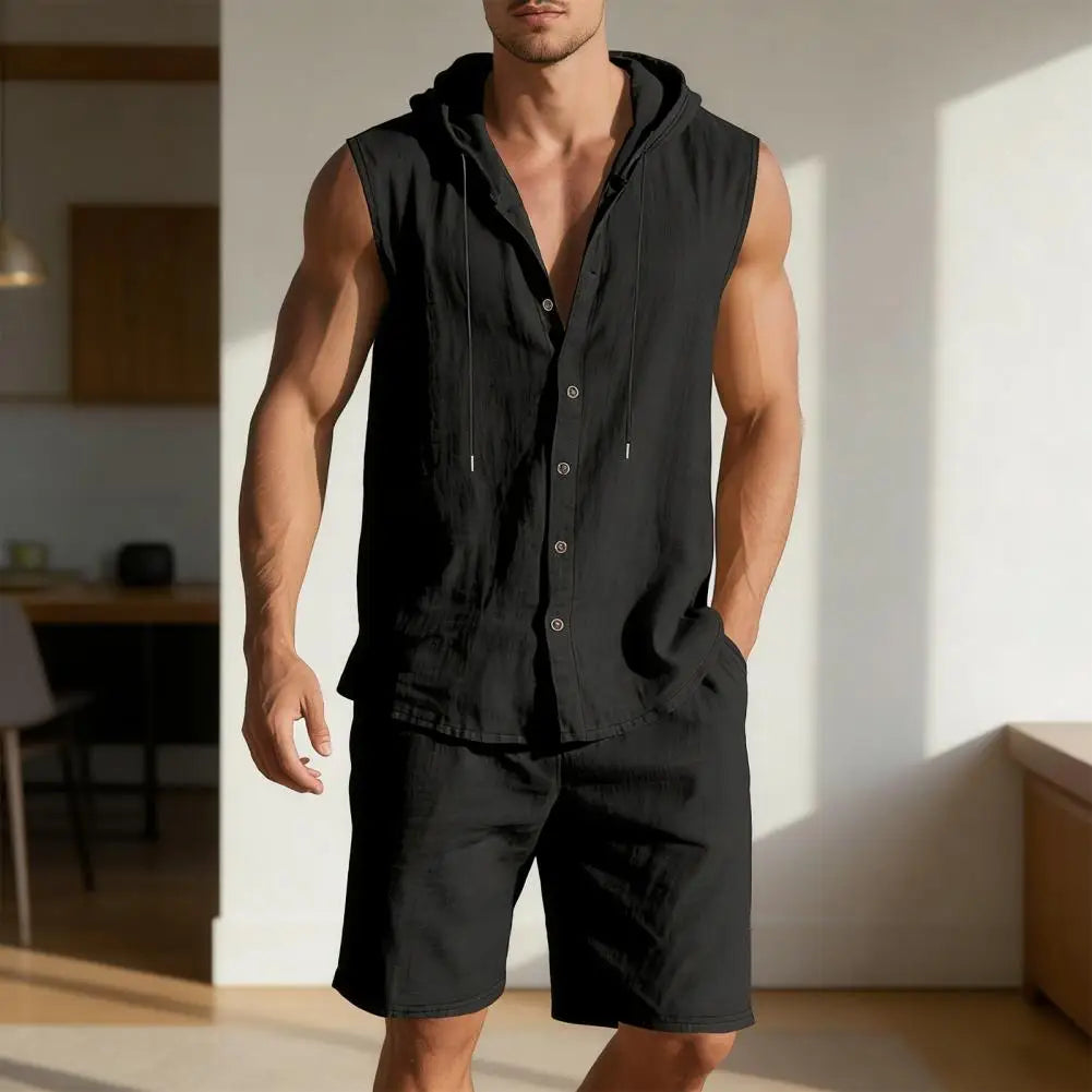 Men Shirt Shorts Two-piece Suit Hooded Sleeveless Shirt Adjustable Elastic Shorts Set Hiking Workout Summer Casual Outfit